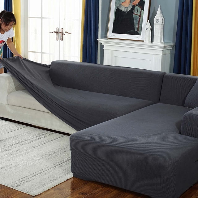 Stretch durable L-shaped sofa cover for 1 2 3 4-seaters (dark grey, L-shape: 4-seaters + 3-seaters)