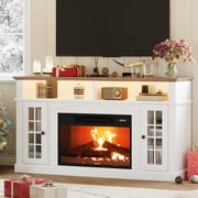 Garvee Modern TV Stand with Fireplace, for TVs Up to 70 Inches, 58-Inch Wooden Entertainment Center with Glass Doors, Adjustable Shelves & Storage Cabinets for Living Room, White