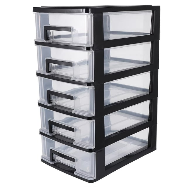 Multifunctional Five-layer Storage Cabinet Plastic Drawer Type Closet Portable Dustproof Storage Case Organizer Sundries Holder (Black and Transparent)