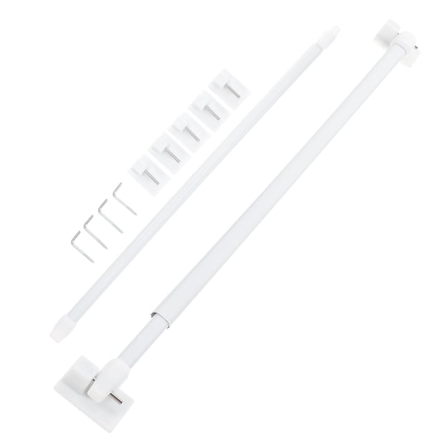 Ensemble de 2 Petites Tringles à Rideaux Comprenant des Tringles en Plastique Extensibles et Ajustables en Blanc. Comprend Deux Tringles Durables au design Rétractable, des Crochets Autocollants et la Quincaillerie d'Installation. Idéal pour une Utilisation dans les Chambres Ou Autres Espaces, Ne Nécessitant Aucune Perceuse Ni Vis pour l'Installation.