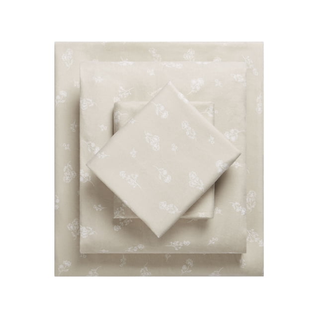 HOMETRENDS 4-piece Inverness Botanical Queen flannel sheet set in beige with white floral design.