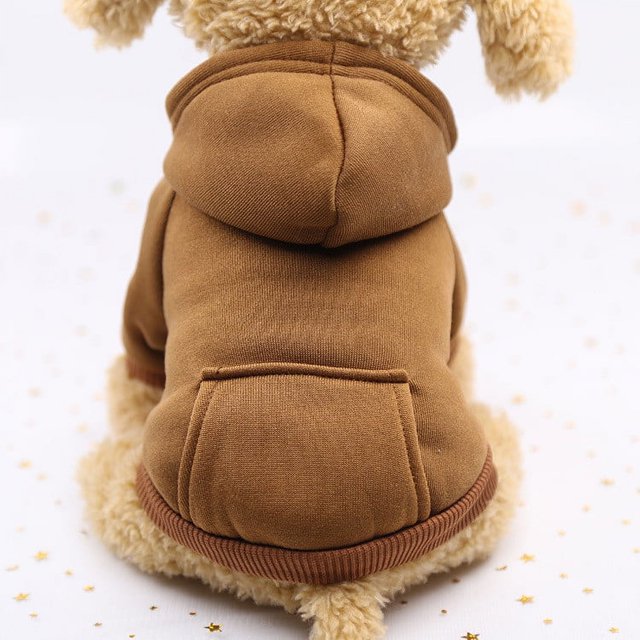 TopLLC Puppy Sweater Dog Clothes And Winter Pet Clothes in a brown polyester fabric, displayed on a small dog. The sweater includes a hood and a functional back pocket, ideal for keeping pets warm during winter. Available in various sizes and colours, suitable for dogs and cats.