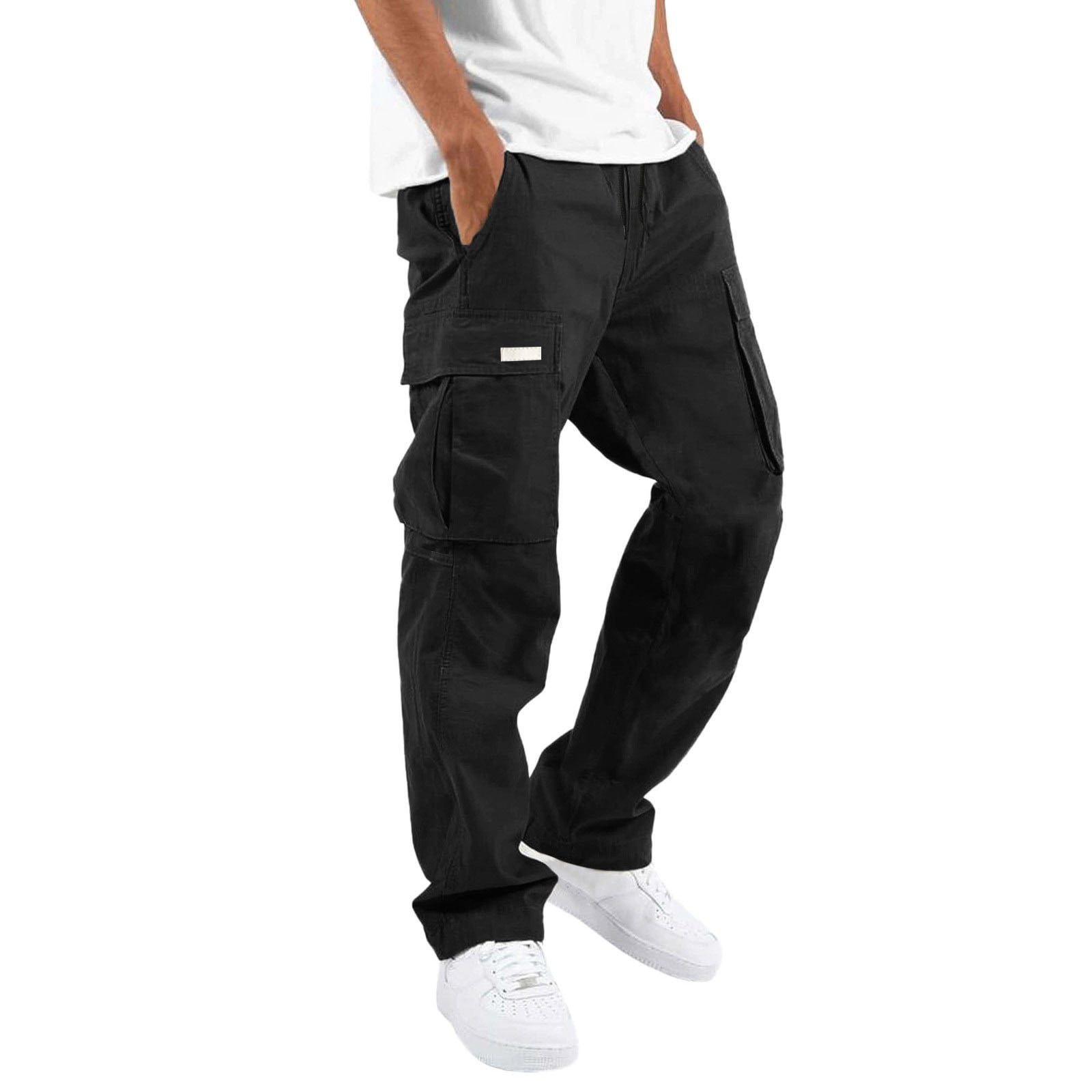 Men's Four Seasons Street Men Pants Plus Size Leisure Sports Multi Pocket Work Clothes for Men Construction Foot Mouth Cap Rope Waist Lace Up Patchwork Ribbon Standard Woven Cargo Trousers