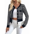 thumbnail image 2 of Femmes - Blazer à Carreaux Chic Décontracté Cardigan à Boutons devant Col Ras du Cou Manches Longues Vestes en Tricot Texturé Noir P, 2 of 9