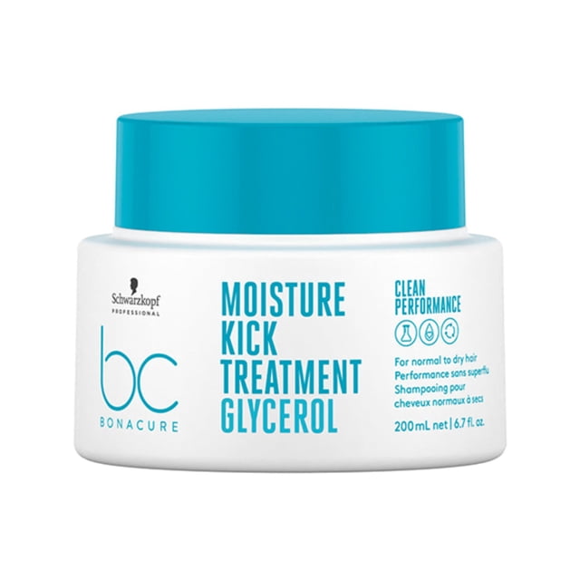 Schwarzkopf BC Bonacure Hyaluronic Moisture Kick Treatment, 200mL, in a white jar with a blue lid. The label highlights its moisturizing properties for dry, wavy, or curly hair, featuring hyaluronic acid derivative and Cell Perfector technology for smooth, shiny, and defined curls.