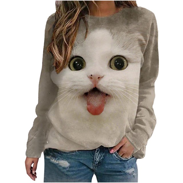 IROINID Vêtements d'Hiver pour Femmes Chandail à Capuche Col Rond Imprimé Chat Manches Longues T-Shirt, Blanc
