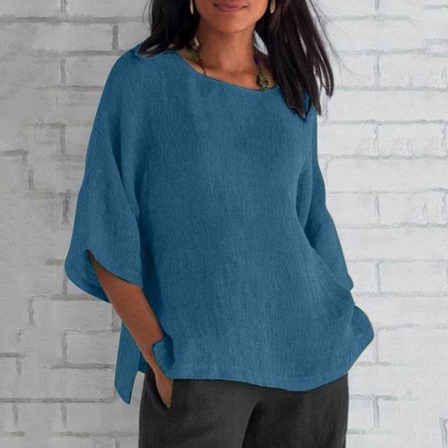 CHOK 3/4 Sleeve Linen Shirts for Women Loose Fit Round Neck Tops Solid Color Summer Casual Tees Black M