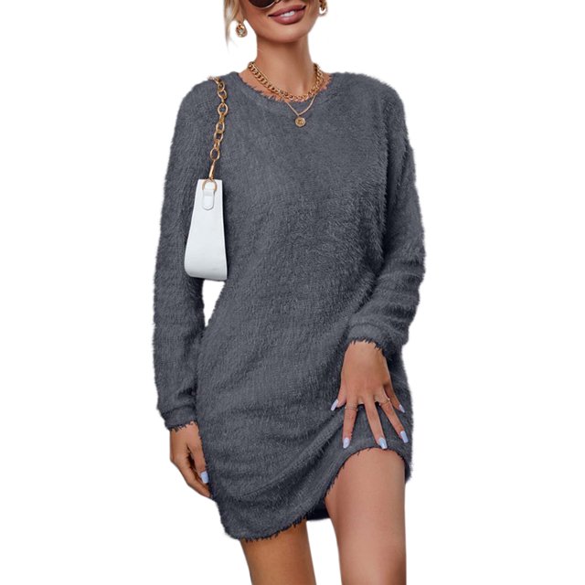 LUXUR Robe Chandail pour Femme Chandail en Peluche Chandail à Manches Longues Mini Robes Ample en Molleton Gris Foncé TG