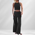 thumbnail image 3 of Ensemble Pantalon 2 Pcs Décontracté Col Rond Poches Tenue de Vacances (Noir S), 3 of 9