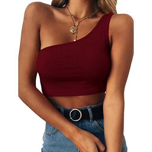 Débardeurs Courts Sans Manches pour Femmes Aguichant une Épaule T-Shirts Basiques (Rouge Vin, TTG)