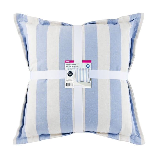 Anko Blue Stripe Cushion 2 pack with two square cushions featuring wide vertical blue and white stripes, made from a cotton and linen blend fabric with plush polyester filling, tied with a white ribbon and a product label, ideal for chair pads or casual seating.