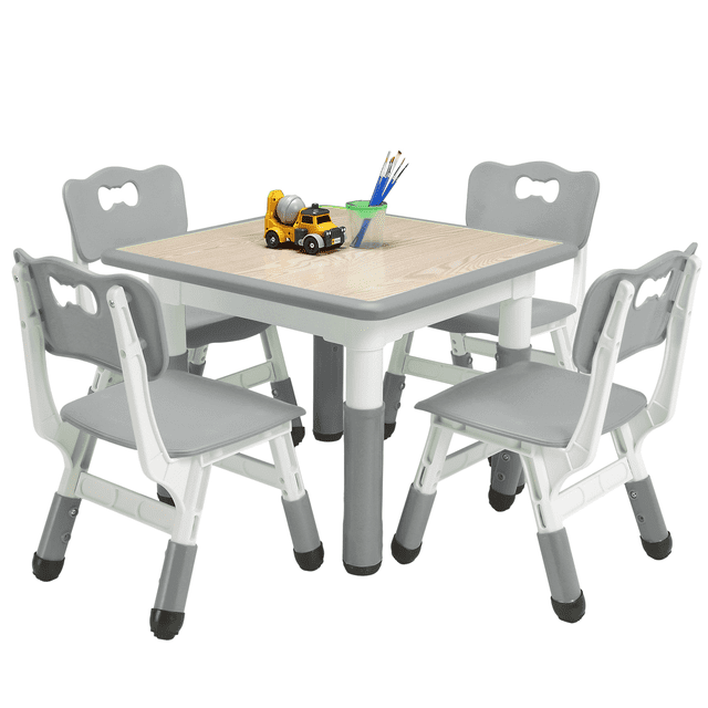 Kids Table and Chairs Set, Height Adjustable Kids Desk with 4 Chairs for Ages 2-10, Multi-Activity Kids Arts Table with Graffiti Desktop and Non-Slip Legs for Classrooms Daycares Home