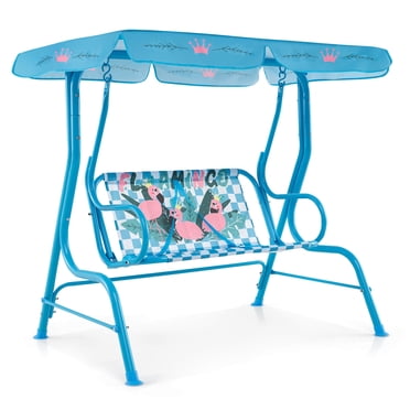 Costway 2-Seater Toddler Porch Swing Chair with Metal Stand Adjustable Canopy Safety Belts Navy