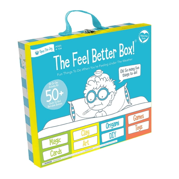 Open The Joy Boîte « Feel Better »: Panier-Cadeau pour Enfants « Get Well Soon », Plus de 50 Activités Amusantes, Jeux, Jouets, Cartes de Conversation, Origami, Art en Argile, Tours de Magie,