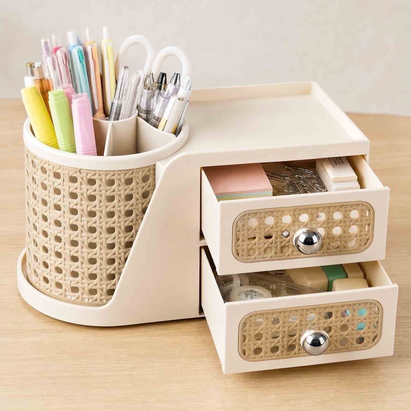 Rotating Desktop Pen Holder with Drawers, Multifunctional Plastic Desk Organizer Box, Compartment Storage Rack for Office Supplies, Home Desk, Student Dorm Study Table