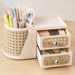 Rotating Desktop Pen Holder with Drawers, Multifunctional Plastic Desk Organizer Box, Compartment Storage Rack for Office Supplies, Home Desk, Student Dorm Study Table
