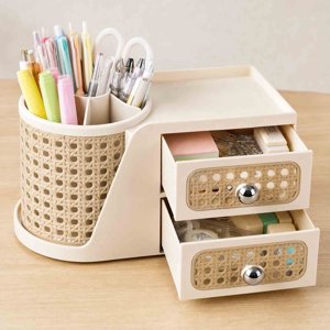 Rotating Desktop Pen Holder with Drawers, Multifunctional Plastic Desk Organizer Box, Compartment Storage Rack for Office Supplies, Home Desk, Student Dorm Study Table