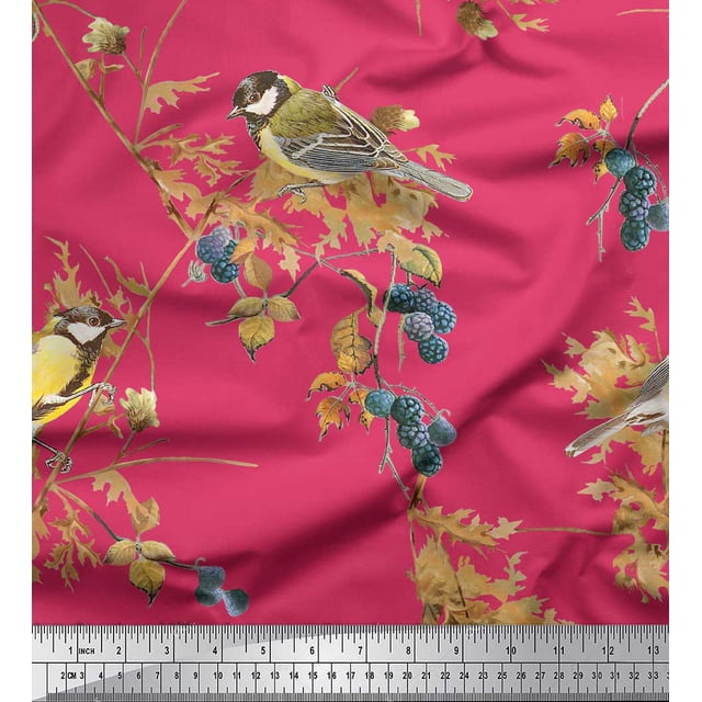 Soimoi Pink polyester Crepe Fabric Black Berry & Yellow Sparrow Bird Print Fabric by Yard 52 Inch Wide