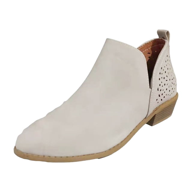 jovati Chaussures pour Femmes Rétro Couleur Unie Talon Bas Ajouré Bottines Courtes en Cuir