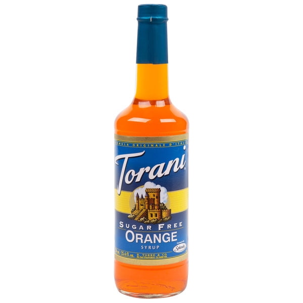 Torani Bouteille de Sirop Aromatisé / Sirop de Fruit Sans Sucre de 750 ml avec Liquide d'Orange vibrant et Étiquette Bleue Mettant en Vedette le logo Torani et le Motif Château. la Bouteille Contient 25,4 fl oz de Sirop Sans Sucre, Idéale pour les desserts, les Boissons Mélangées Ou comme alternative au Sirop à l'Érable. Compatible avec une Pompe à Sirop de 0,25 oz pour un Distributeur Facile.
