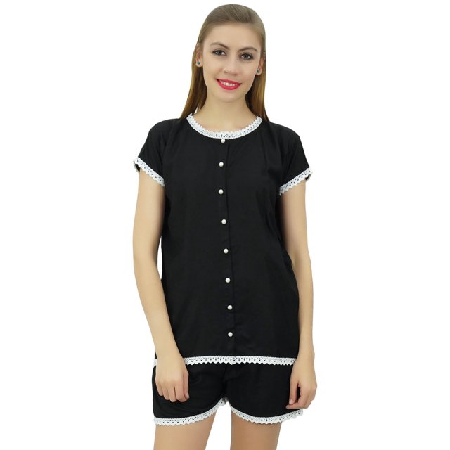 Bimba Ensemble de Pyjama en Dentelle Noir pour Femmes à Boutons, Chemise de Nuit en Rayonne et Short, Robe-16