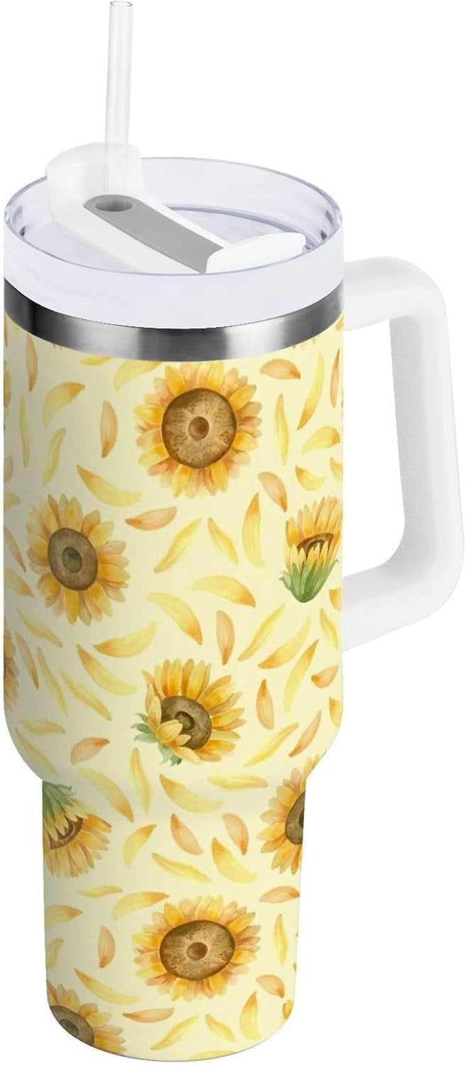 Gobelet de 30 oz avec Poignée, Couvercle et Paille, Gobelet d'Eau Isolé, Tasse d'Eau en Acier Inoxydable, Tasse/bouteille Réutilisable, Compatible avec Porte-Gobelet, Tournesols Jaunes
