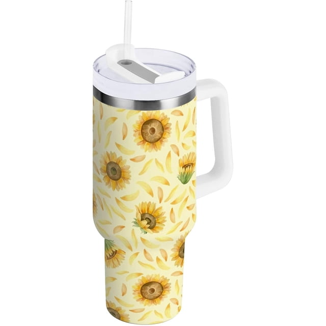 Gobelet de 30 oz avec Poignée, Couvercle et Paille, Gobelet d'Eau Isolé, Tasse d'Eau en Acier Inoxydable, Tasse/bouteille Réutilisable, Compatible avec Porte-Gobelet, Tournesols Jaunes