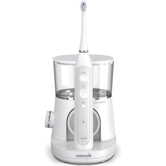 Waterpik Waterflosser Sonic-Fusion 2.0 pour des Dents, des Gencives, des Appareils Orthodontiques Propres, Soins Dentaires, Brosse à Dents Électrique + Hydropulseur Combinés, Irrigateur Buccal de Comptoir Blanc (1 Unité)