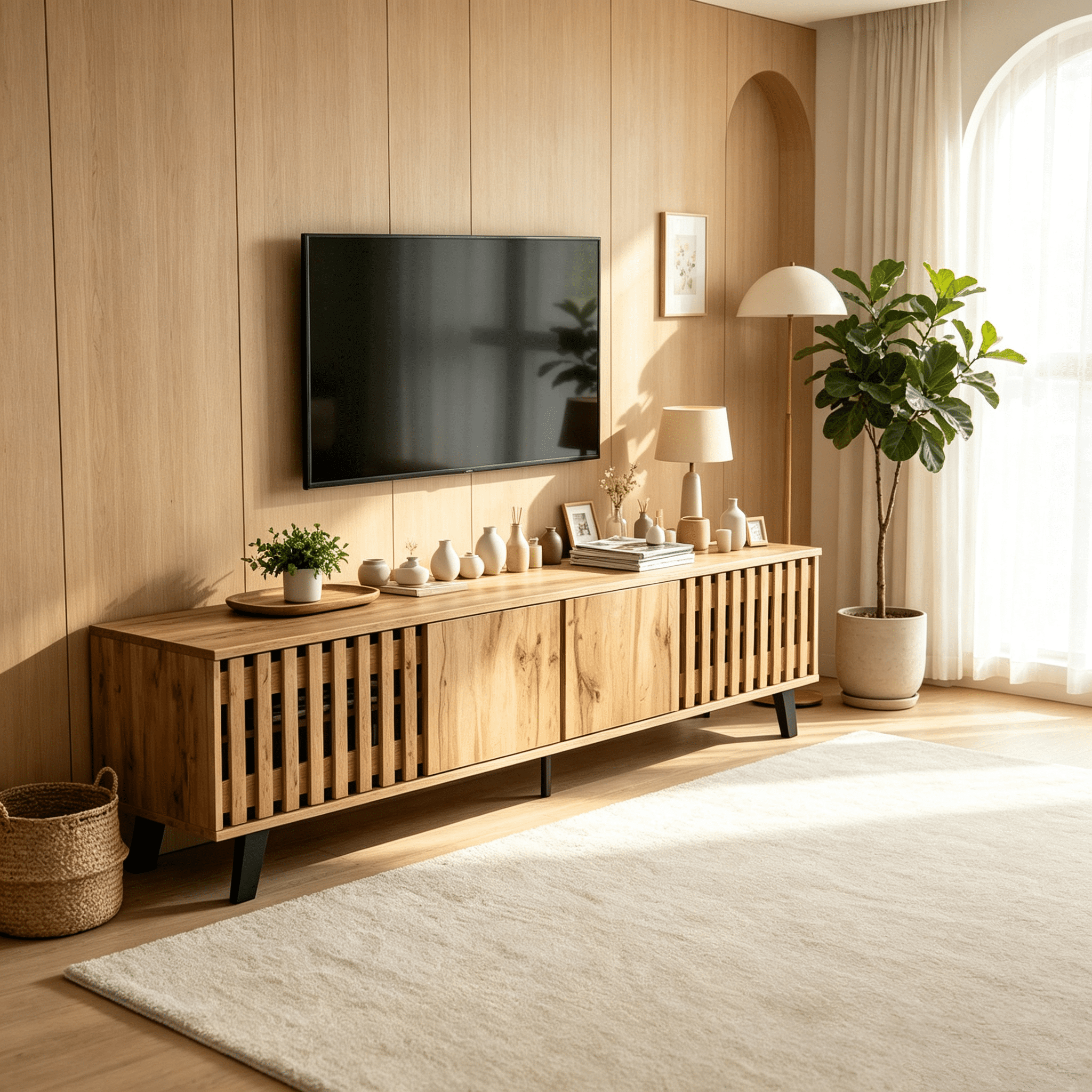 Homy Casa 65" Fluted Mid-Century TV Stand with 4 Doors and 8 Shelves for 32–65" TVs, Natural Wood