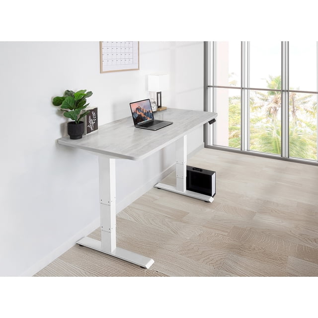 EFFYDESK Business Height Adjustable Home Office Computer Standing Desk with Cable Management Tray (70" × 29") Oak White on White Frame