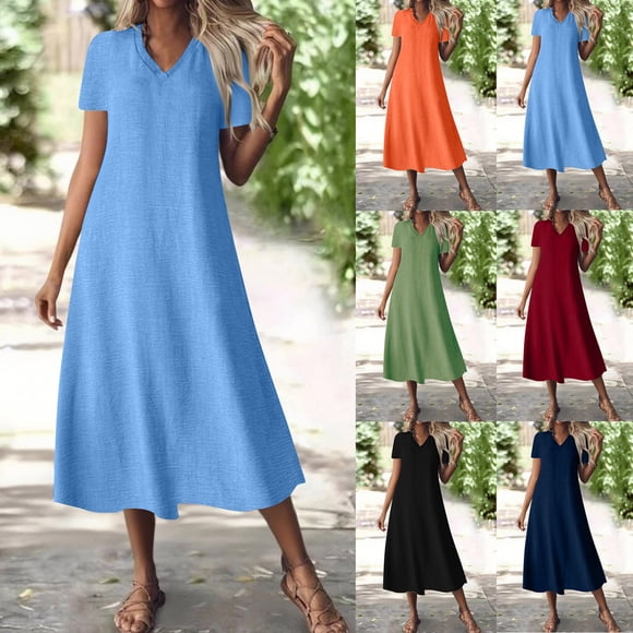 Sentmoon Tropical Dresses for Women Graduation Short Sleeve V Neck Mini Dress Solid Color Stretchy Regular Fit Dress for Wedding Guest Beach for Indoor and Outdoor Wine M