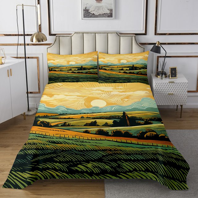 YST Sunset Landscape Coverlet Set Rustic Farmhouse Decor Bedspread Set For Kids Adults Watercolor Impressionism Style Quilt Set With 2 Pillowcases, Queen 3Pcs