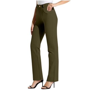 Ecqkame Women's Dress Pants Solid Color Straight Elastic High Waist Business Trousers Button Casual Work Office Pant Army Green L
