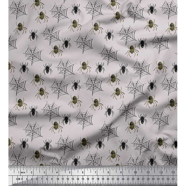 Soimoi Gray Rayon Fabric Web & Spider Insects Print Sewing Fabric Yard 42 Inch Wide