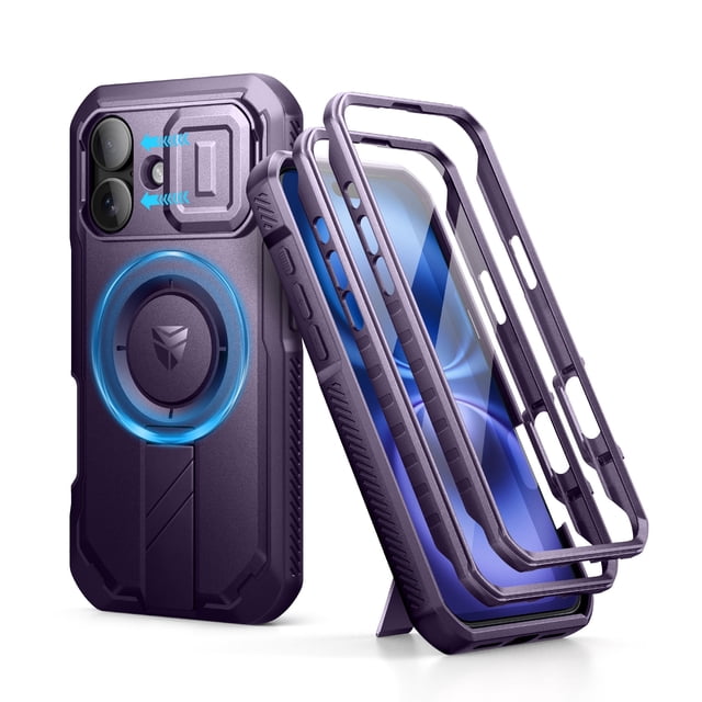 Dexnor for iPhone 16 Case with Slide Camera Cover & Adjustable Kickstand & Built-in Screen Protector,Compatible with MagSafe Shockproof Bumper Cases Heavy-Duty Magnetic Protective Cover, Purple