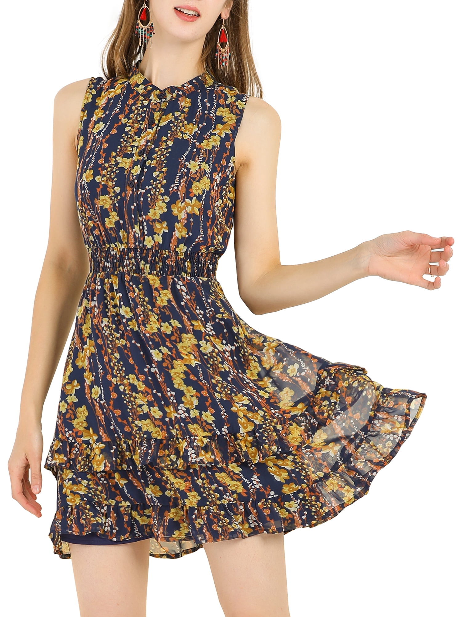 INSPIRE CHIC Junior's Floral a-Line Smocked Waist Ruffled Mini Dress