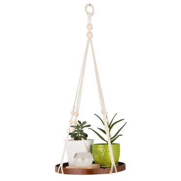 Macrame Plant Hanger, Indoor Hanging Planter Shelf Pot Holder with Wood Tray, Boho Home Decor - ISMV