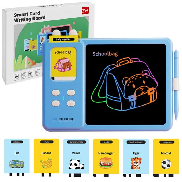 Lecteur de Cartes avec Tableau d'Écriture LCD, Machine d'Apprentissage Rechargeable, Machine Portable pour Cartes Flash Préscolaires, Jouet Éducatif Précoce avec 112 Cartes Double Face pour Enfants de 3 Ans