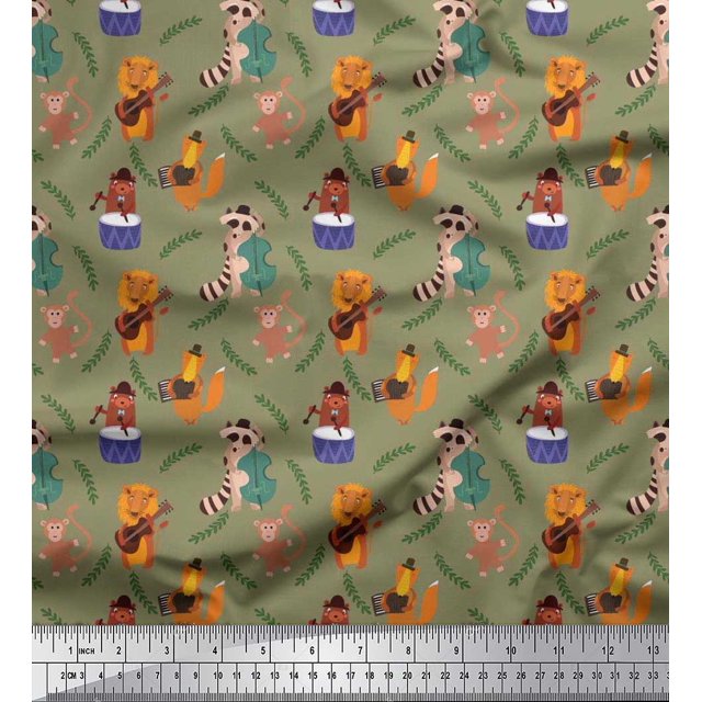 Soimoi Cotton Poplin Fabric Leaves,Musical Instruments & Animals Kids Print Fabric by the Yard 42 Inch Wide