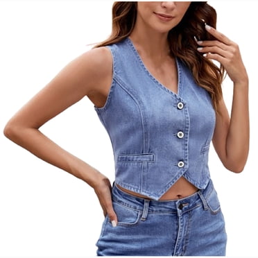 Timegard Hauts d'Été pour Femmes Gilet en Jean Col en V Boutonné Sans Manches Veste en Denim Courte Hauts