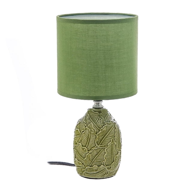 Ceramic Table Lamp With Shade Leaflet Green featuring a green ceramic base with embossed leaf patterns and a matching green fabric drum shade, measuring 6 by 6 by 12.6 inches, ideal for bedside or living room décor and lighting.
