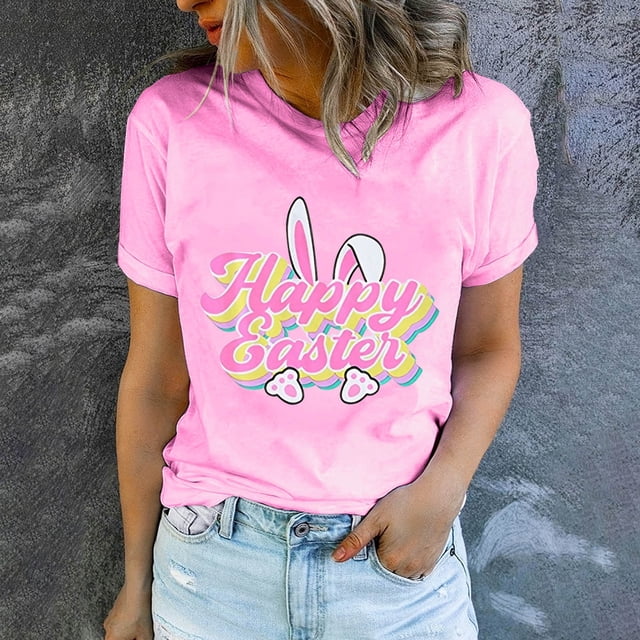 EGNMCR Chandail de Pâques à Manches Courtes pour Femmes, Imprimé de Pâques, T-shirt à Col Rond pour Femmes, Mode et Confortable, Haut pour Femmes, Haut/chemise à Manches Courtes à Col Rond, T-Shirts pour Femmes