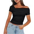 thumbnail image 1 of Timegard Off Shoulder Tops for Women Short Sleeve Side Ruched Slim Crop Tops Casual Going out Tops Blouse, 1 of 5