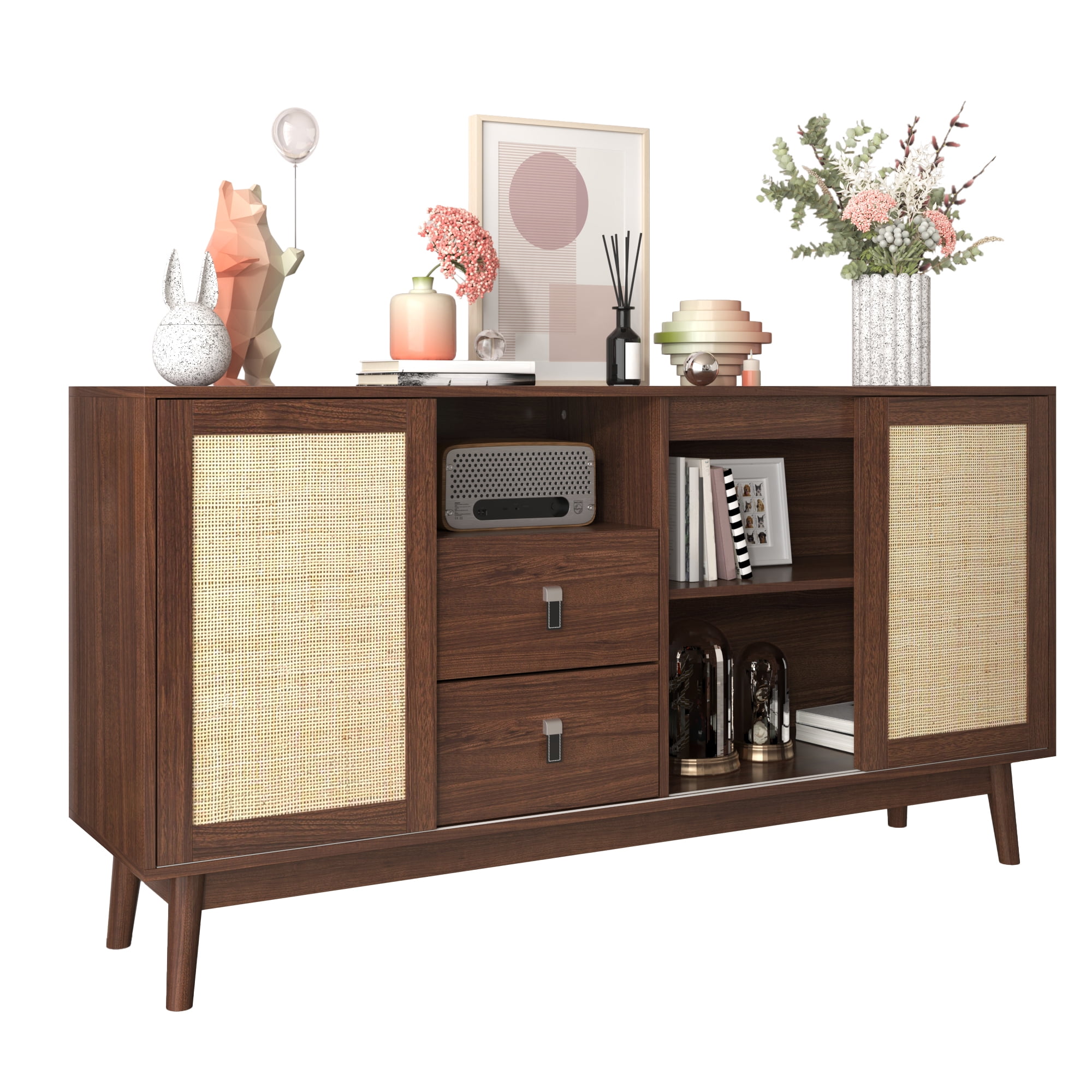 Noble House Buffet 61 Pouces avec Portes Coulissantes en Rotin Véritable et 2 Tiroirs, Armoire de Rangement Respirante et Robuste, Bois de Noyer