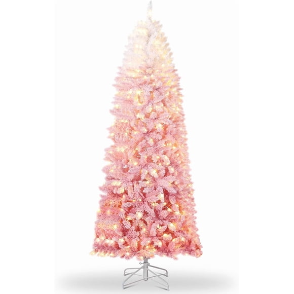 6 Ft Pre-Lit Christmas Trees,Pre-Lit Snow Flocked Pencil Christmas Tree with Foldable Base,Lighted Christmas Decoration for Home Party Office,White&Pink