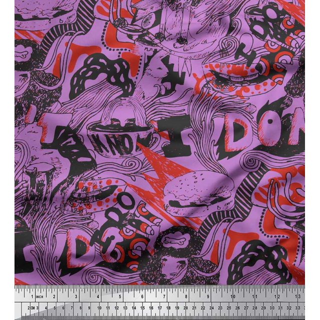 Soimoi Crepe Silk Fabric Food,Animals & Text Print Fabric by The Yard 42 Inch Wide