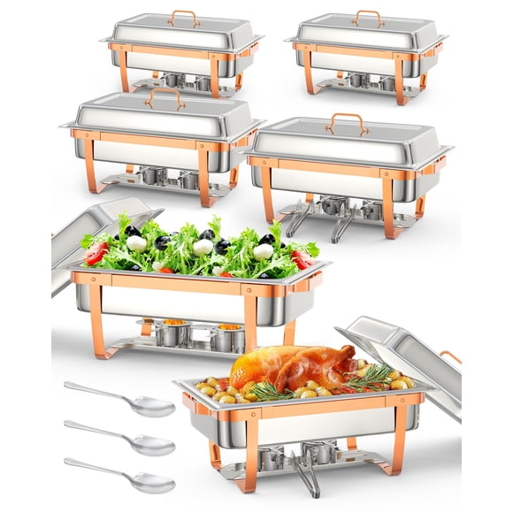 Towallmark Chafing Dish for Buffet Set, 6 Packs 8 Qt Chafers and Buffet Warmers Sets With Folding Frame, Spoon & Tweezer for Weddings Parties Banquets Catering Events, Rose Gold