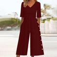 thumbnail image 2 of Yuyuzo Womens Wide Leg Jumpsuits Short Sleeve V Neck Casual Loose Comfy Button Split Rompers with Pockets, 2 of 6