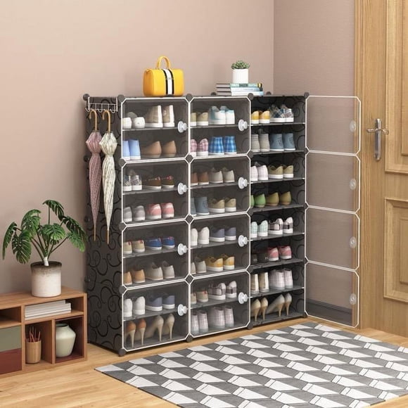 AGASY Shoe Rack, 24 Tiers Shoe Storage Cabinet 32 Pair Plastic Shoe Shelves Organizer for Closet Hallway Bedroom Entryway (12 Cubes, Black Transparent)