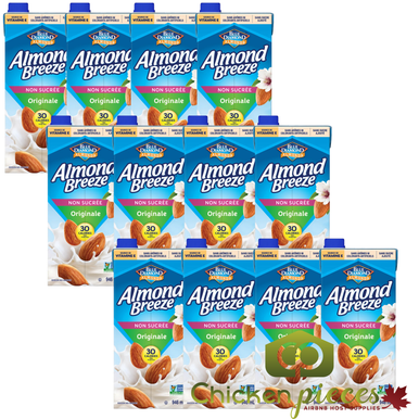 Almond Breeze Unsweetened Original Almond Milk 946ml (12/CASE) displayed in a bulk arrangement of twelve cartons. Each carton features the Blue Diamond Almonds branding, a vibrant blue design, and highlights of 30 calories per serving with no added sugars. A non-dairy milk alternative suitable for vegan, keto, and lactose-intolerant diets.
